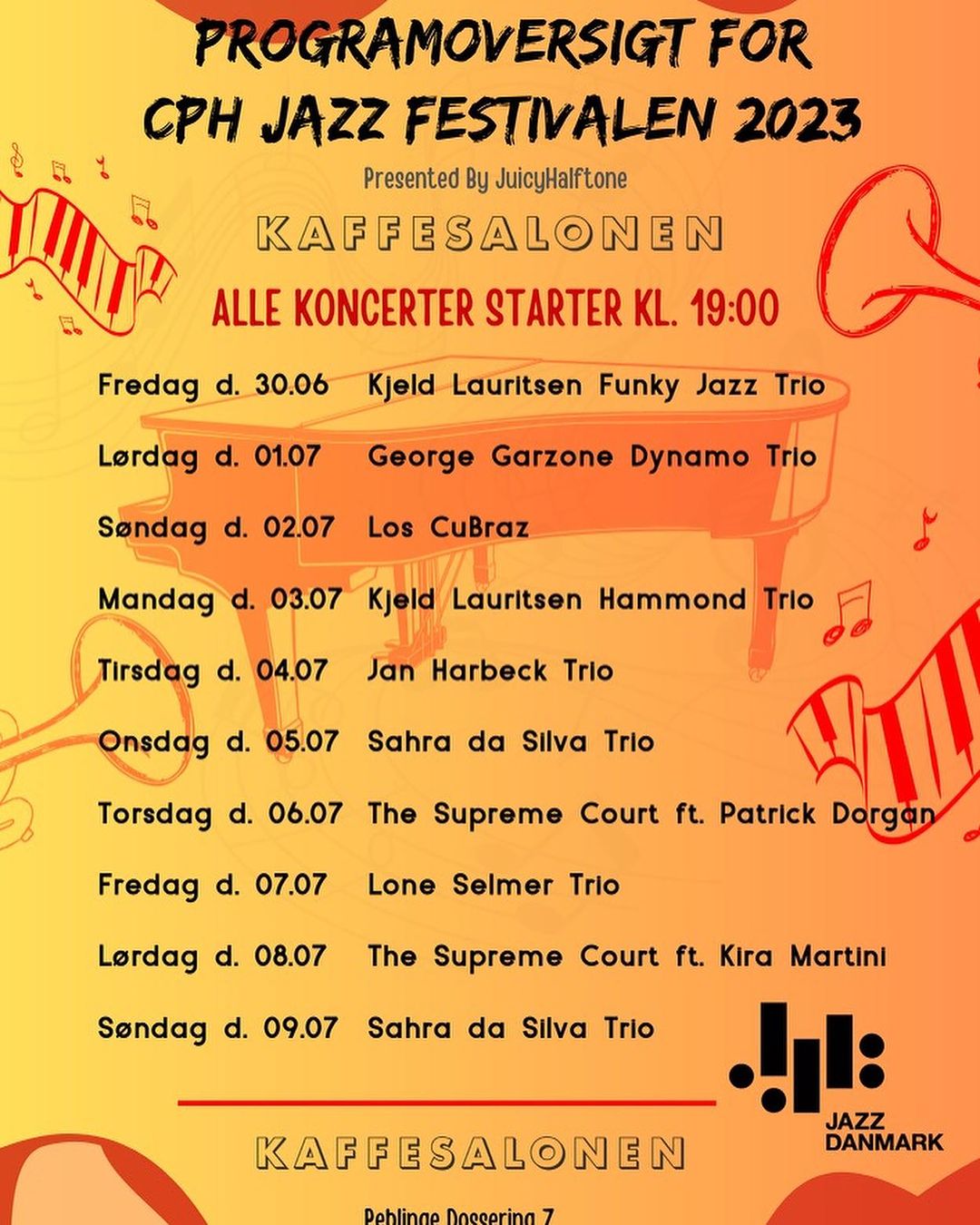 Program for jazzfestival hos kaffesalonen 2023